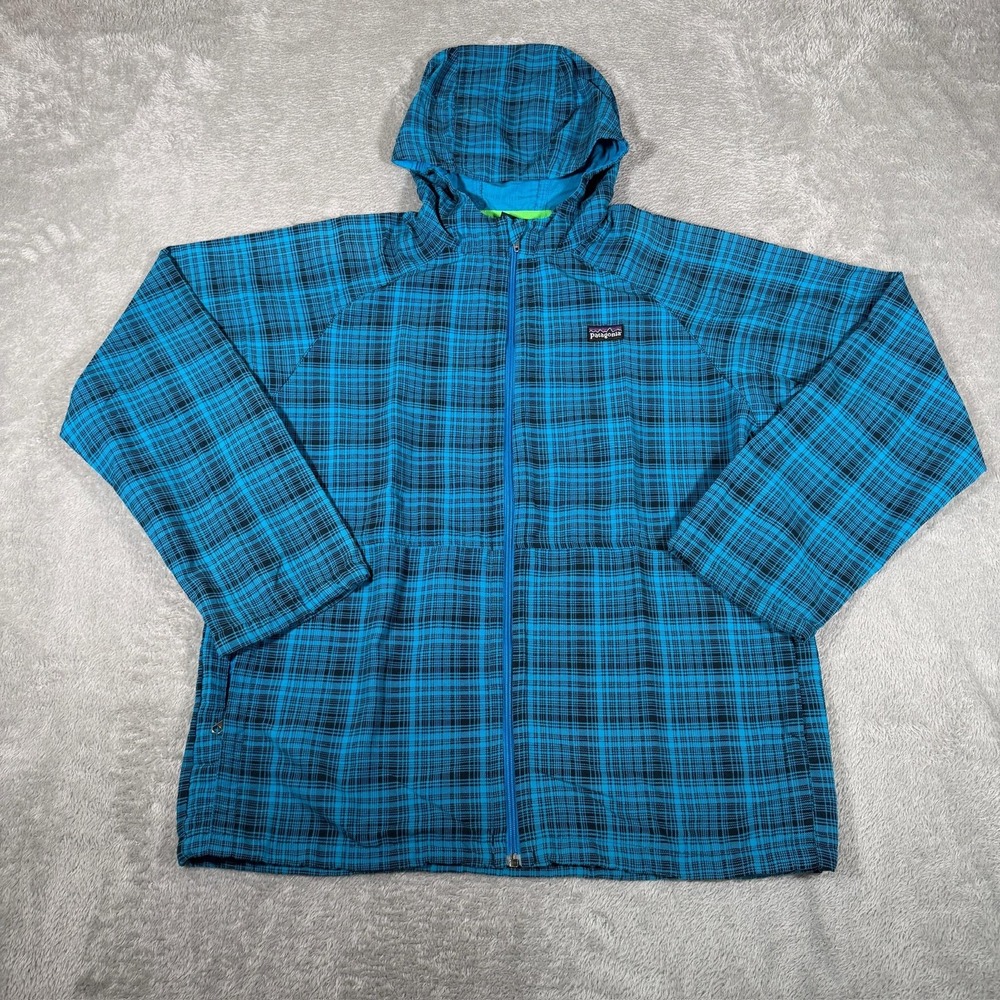 Patagonia Baggies Jacket Kids Large 12 Blue Plaid Hooded Nylon Windbreaker